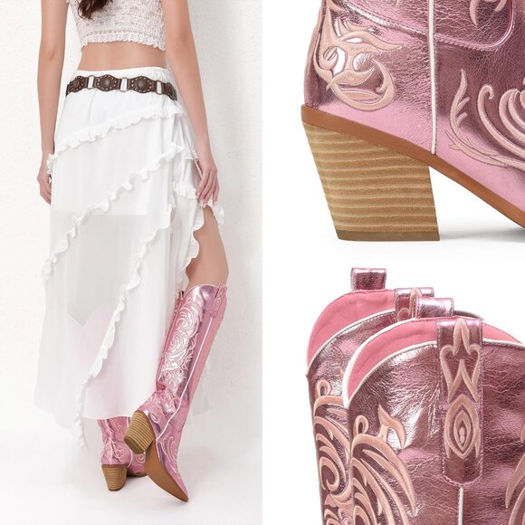 Women Metallic Pink Knee High Pointed Toe Block Heel Western Embroidered Boot - Picture 3 of 8